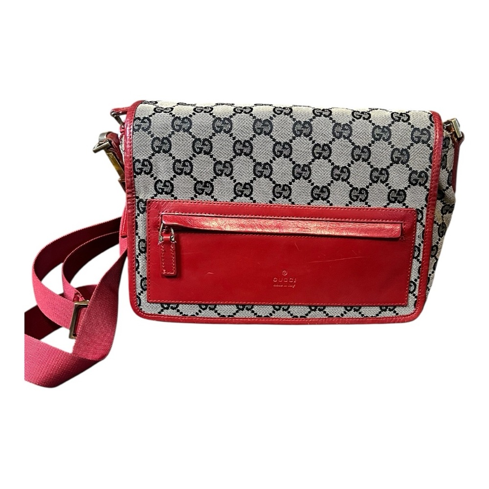 Vintage Gucci Canvas GG Crossbody Bag With Red Leather.